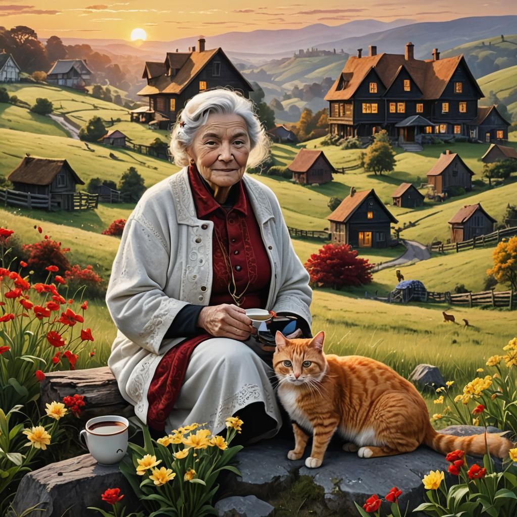 Surreal Sunset: Woman, Cat, and Bambi on Sugar Hill