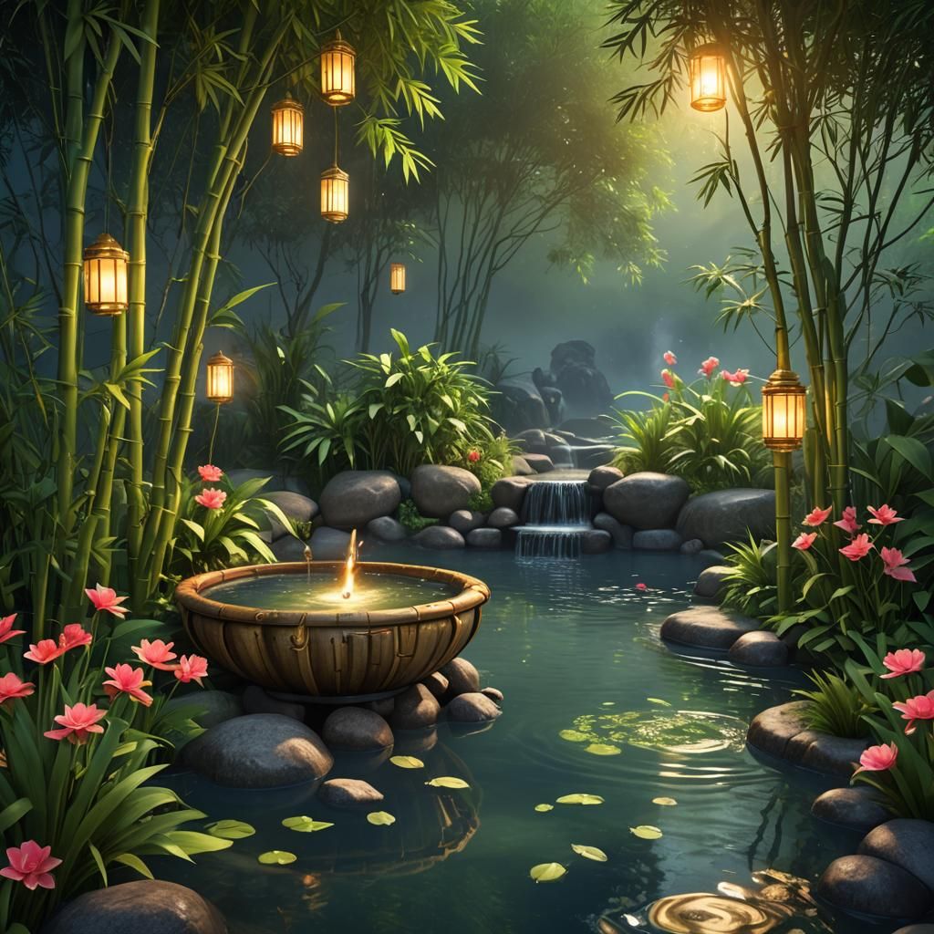 Serene Bamboo Water Feature in Fantasy Style