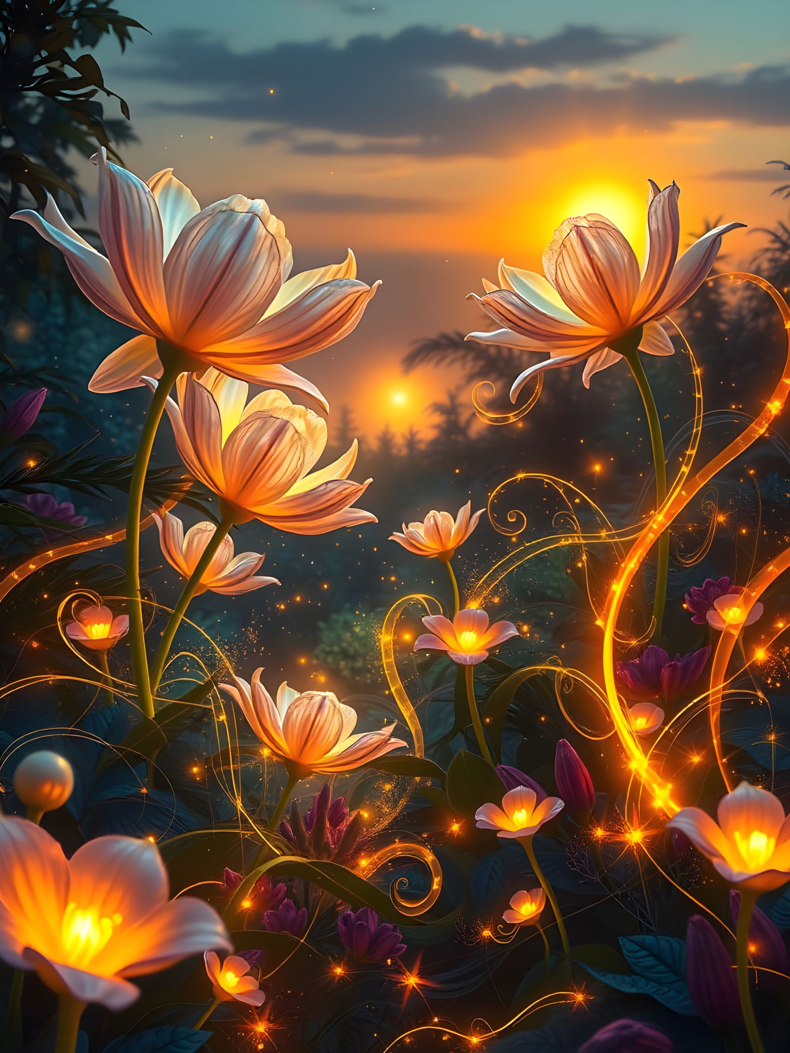 Surreal Garden Blooms in Golden Light