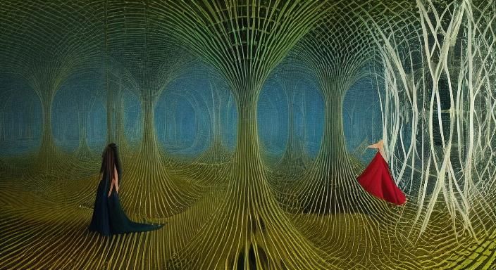 Figure Floating in Simulated Glass Forest - Digital Art