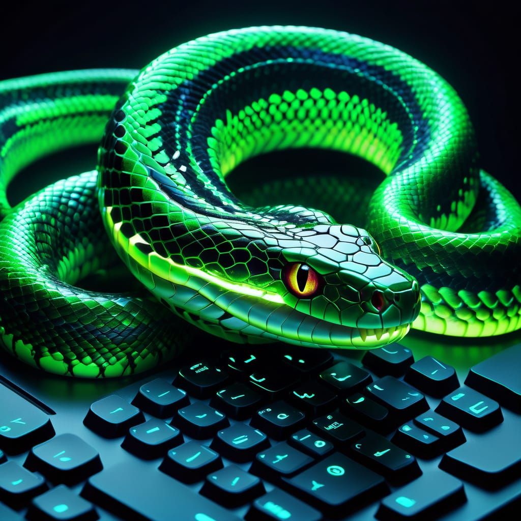 Surreal Digital Masterpiece: Glowing Snake on PC Keyboard