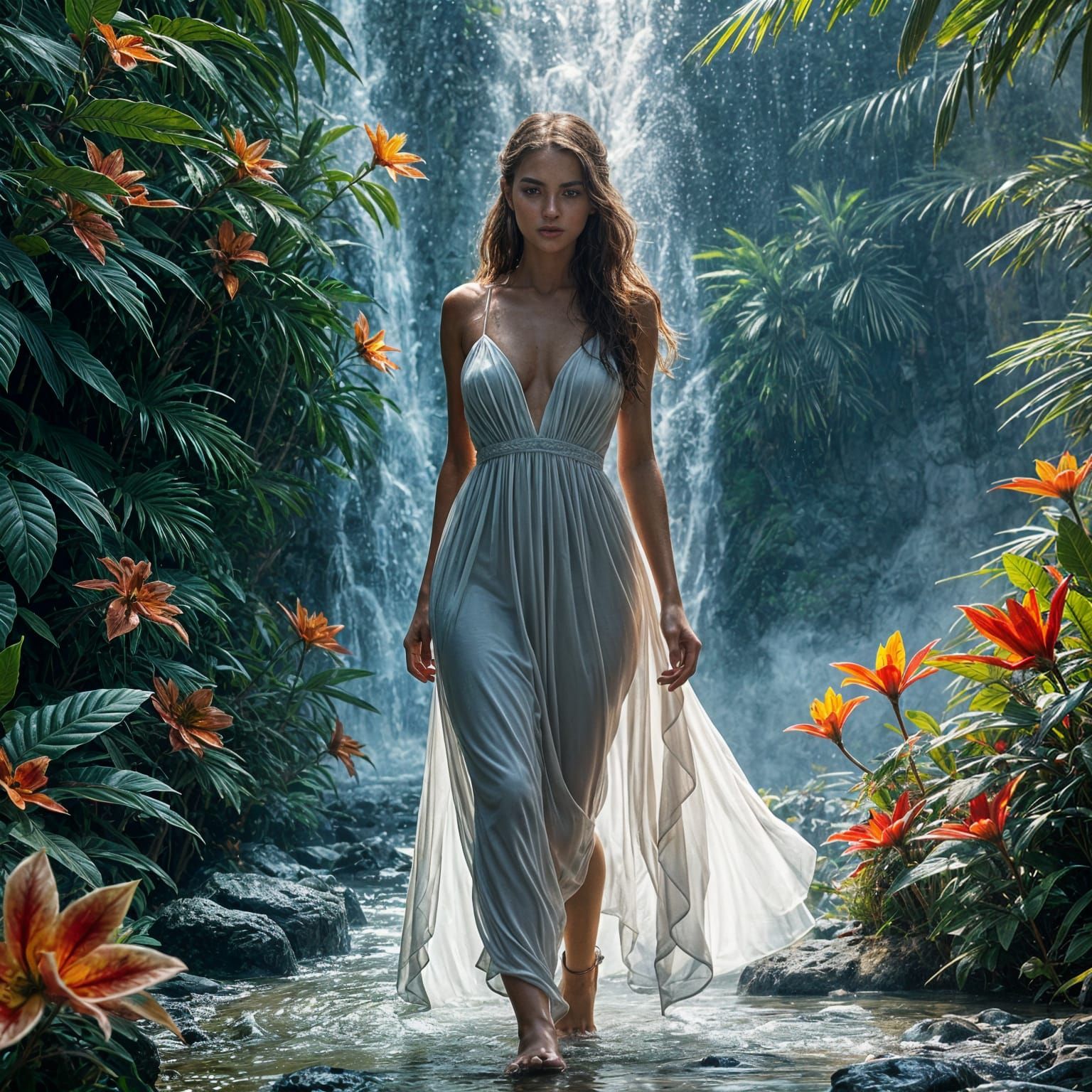 Hyperrealistic Woman Walking Through Waterfall Shower