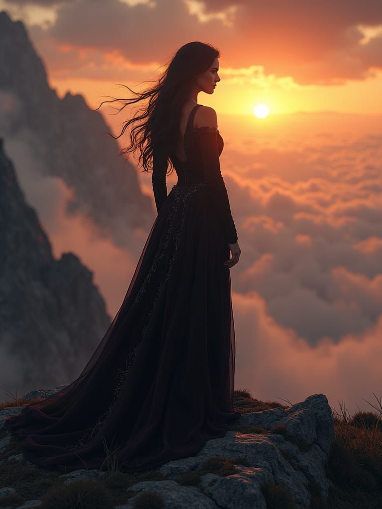 Noble Woman at Dusk on Mountain Peak