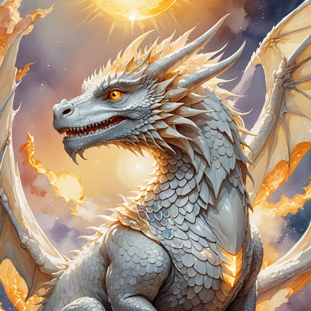 White Dragon Gazing at Sun in Watercolor Style
