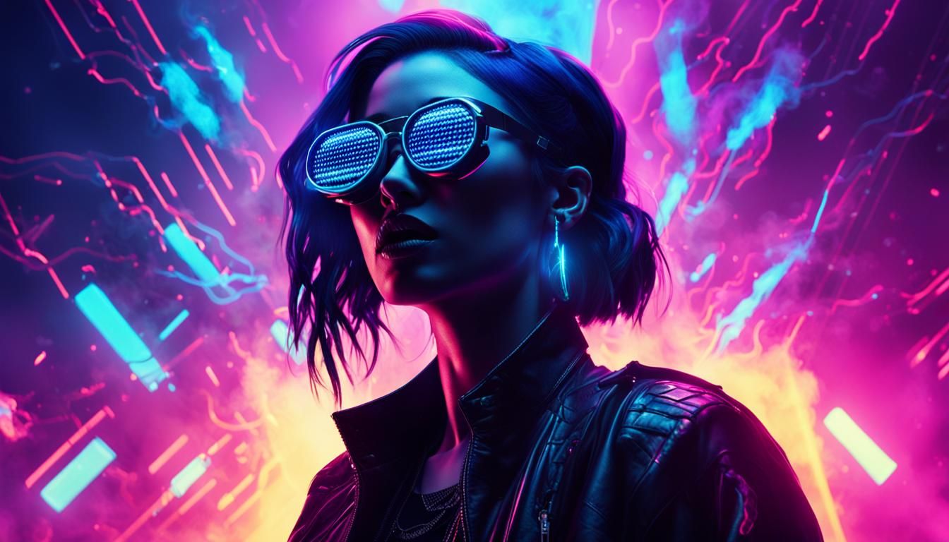 Cyberpunk Goth Lady on Exploding Speaker in Neon Light
