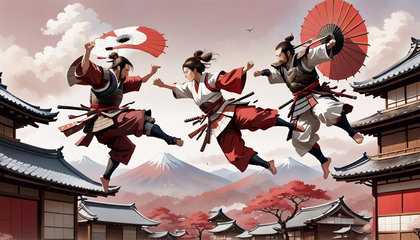 Samurai Warriors Fly Over Japanese Village, in Feudal Art St...
