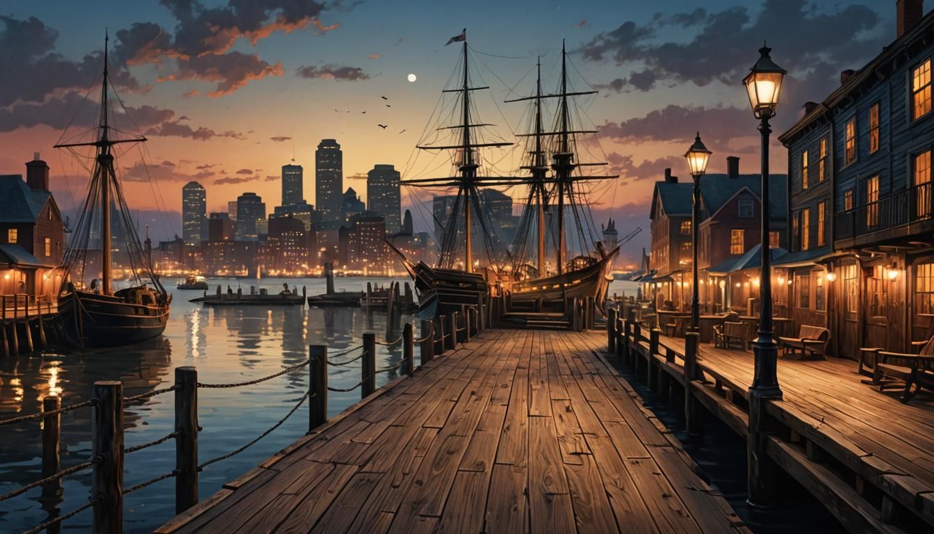 Boston Port at Night, 19th Century Splash Art
