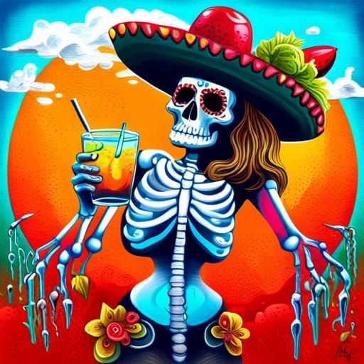Festive Skeleton Lady in Mexican Street Art Style