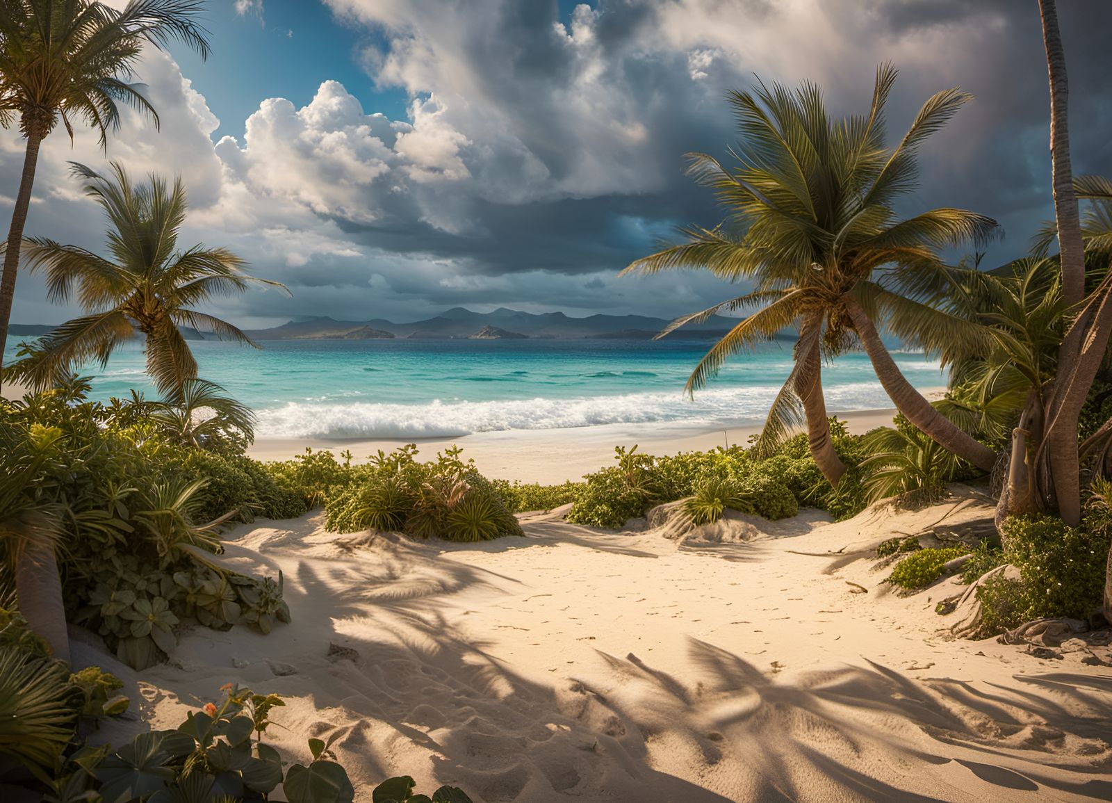 Sunlit Caribbean Beach at Sunset