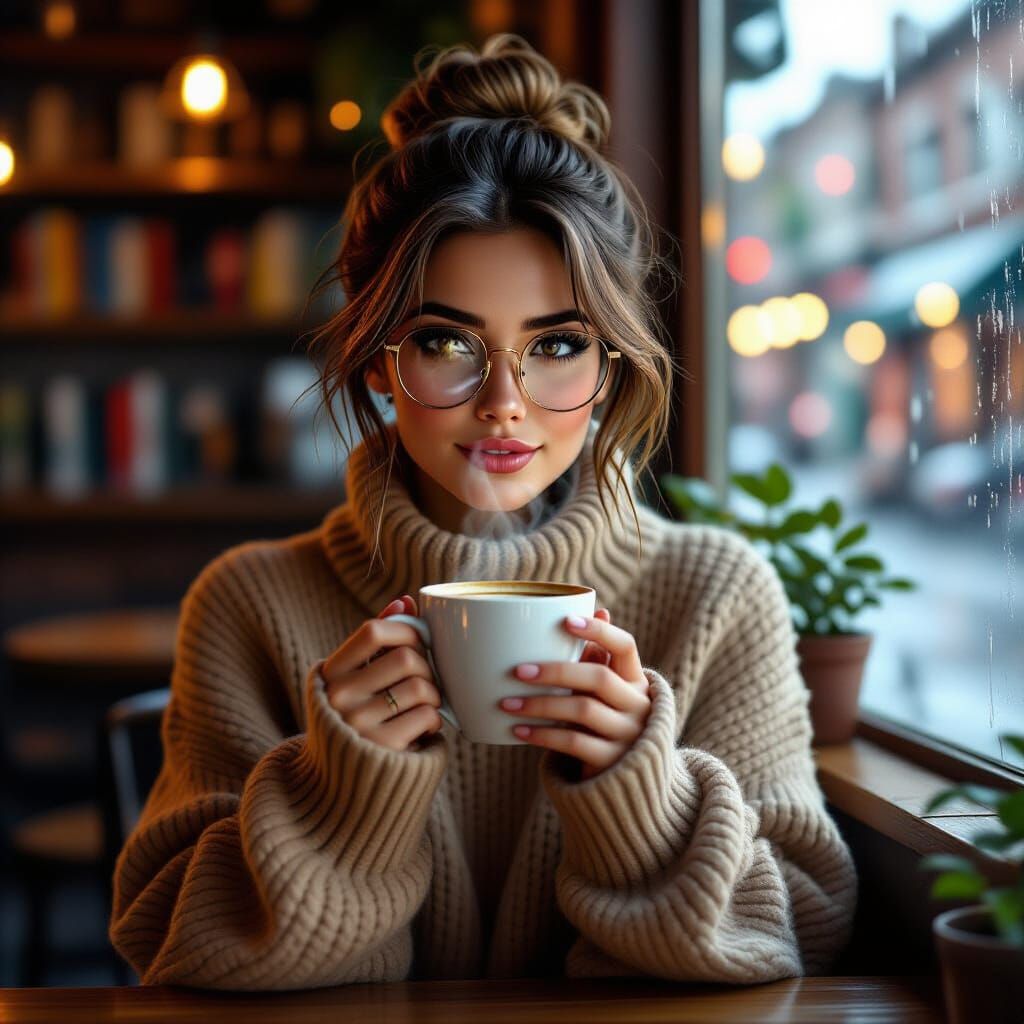 Cozy Coffee Shop Portrait in Hyper-Realistic Style
