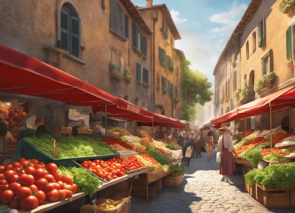 16k resolution, a bustling farmers market scene, stalls line...