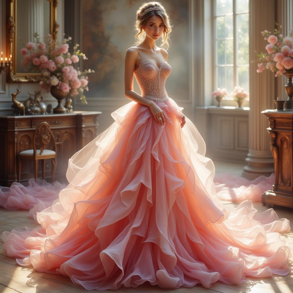 Elegant Pink Princess Dress with Lace and Pearls