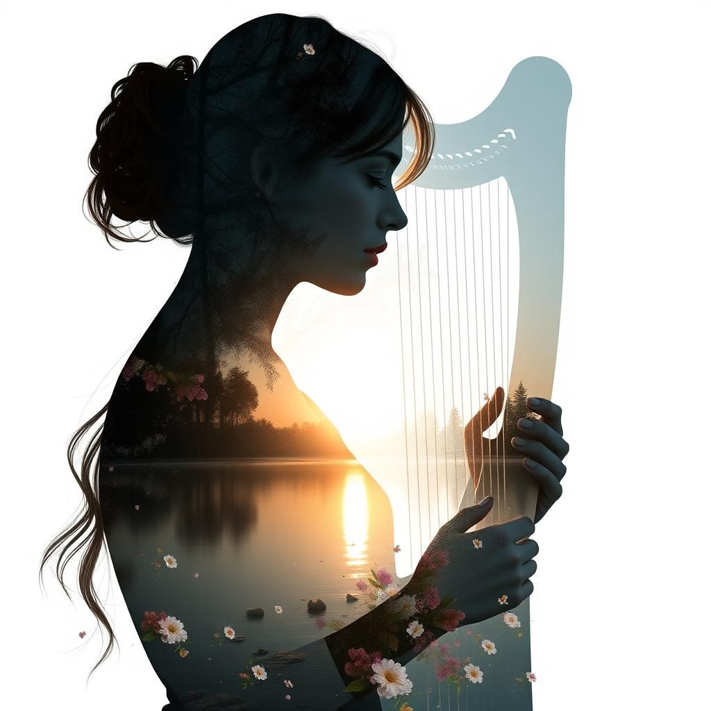 Woman with Harp: Double Exposure Pastel Lake Scene