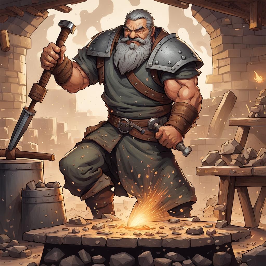 Fantasy Blacksmith Forging Weapons at Anvil