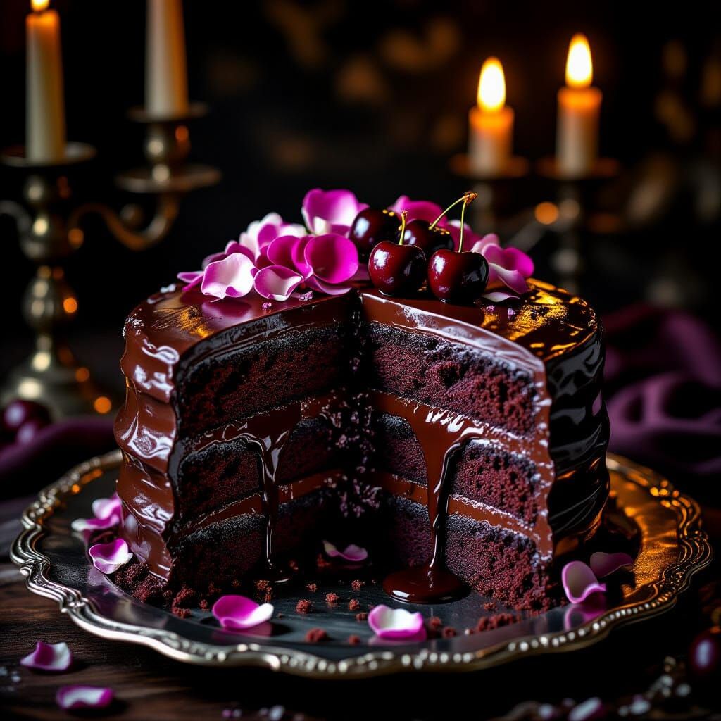 Decadent Chocolate Cake with Rose Petals in Dark Academia St...