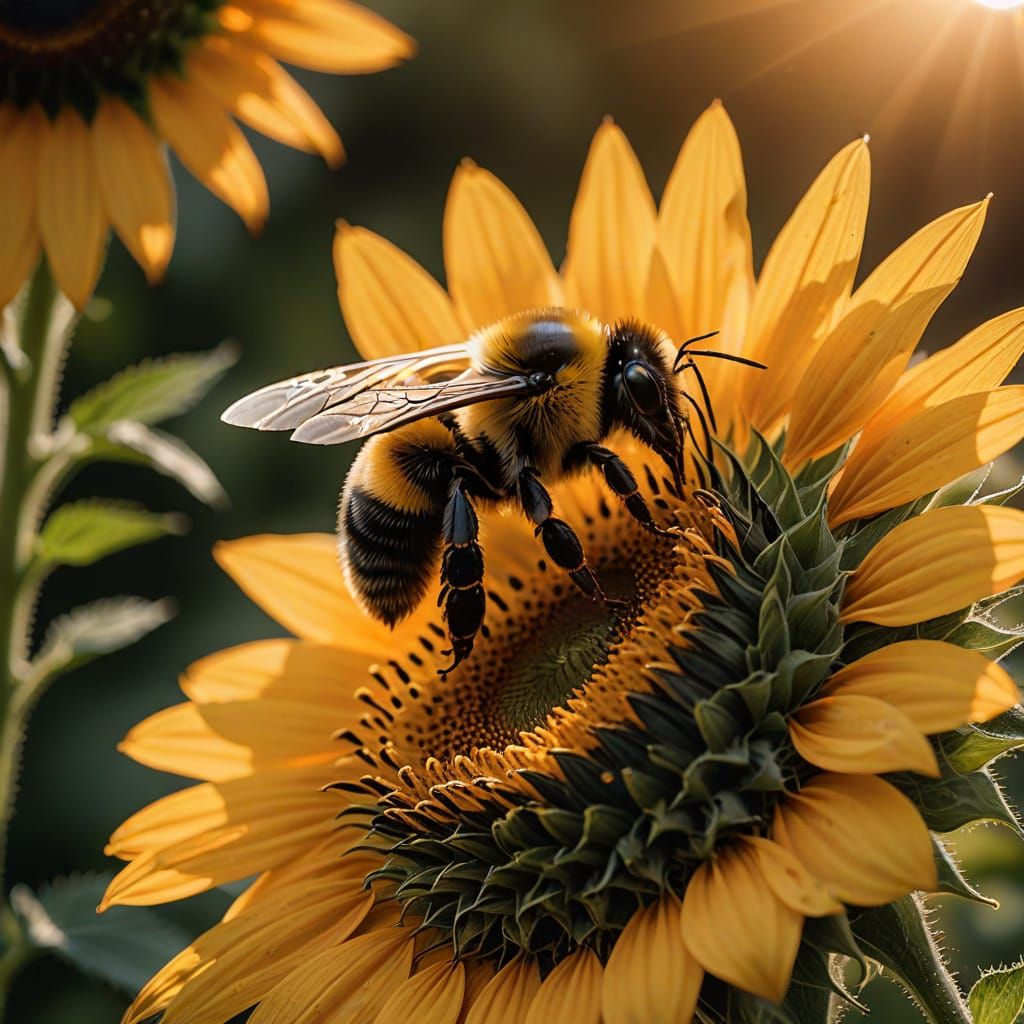 Surreal Close-Up of a Bumblebee Collecting Nectar from a Sun...