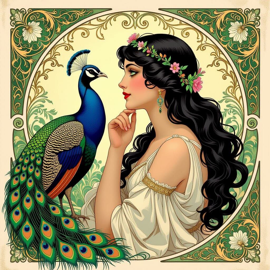 Art Nouveau Aphrodite with Majestic Peacock