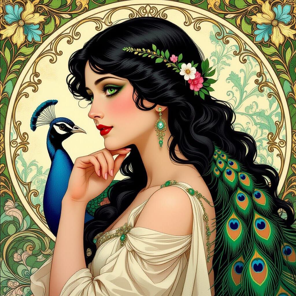 Art Nouveau Aphrodite Contemplating with Peacock