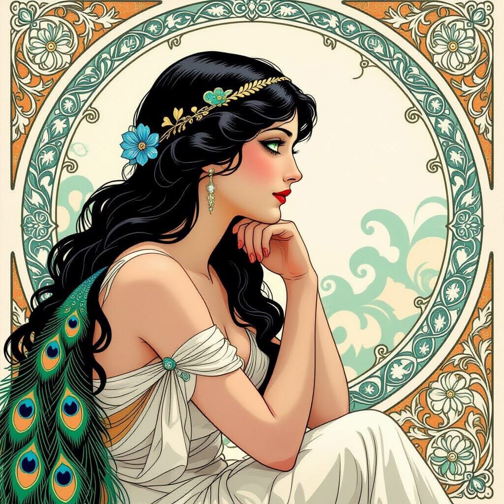 Art Nouveau Aphrodite with Peacock, Painterly Illustration