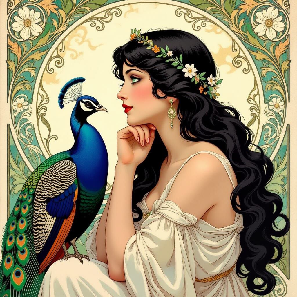 Aphrodite Contemplating with Peacock in Art Nouveau Style