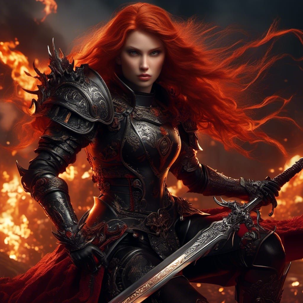 Red-Haired Warrior in Dragon Armor with Flaming Sword