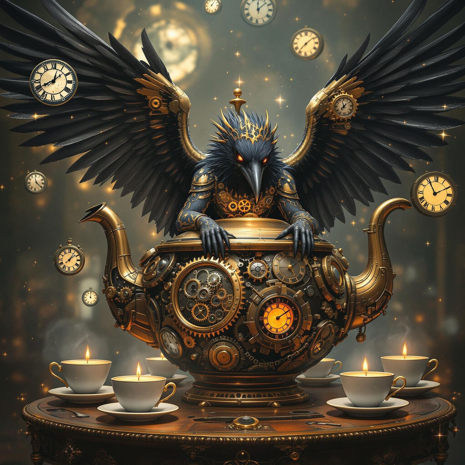 A tattooed raven with mechanical wings sitting inside a gian...