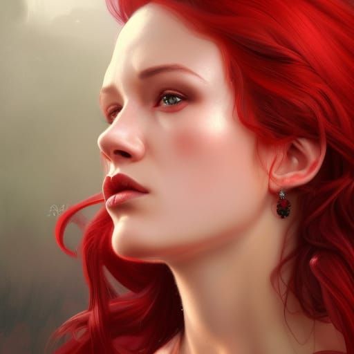 Red Lady Portrait in Hyperdetailed Digital Art Style