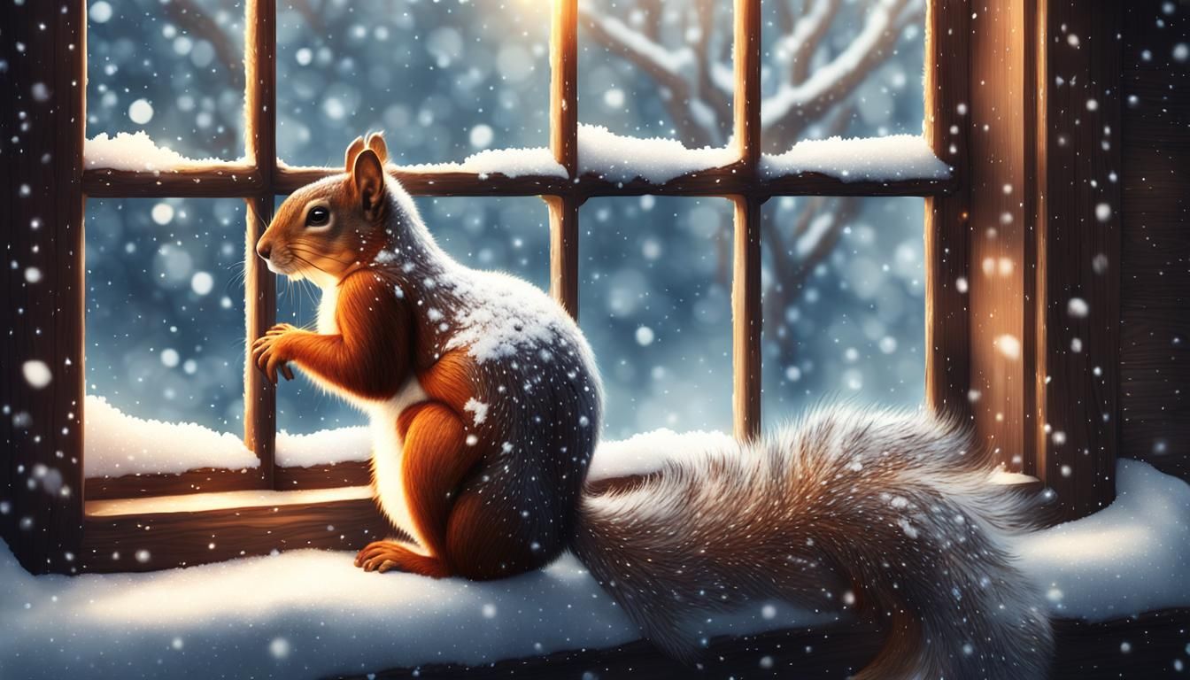 Majestic Squirrel in Festive Attire on Snowy Windowsill