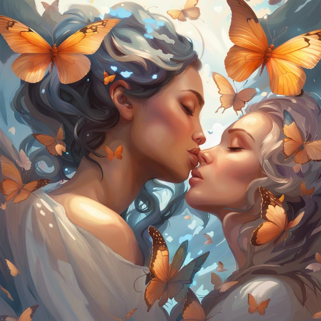 Woman Kissing Angel in Flight of Butterflies