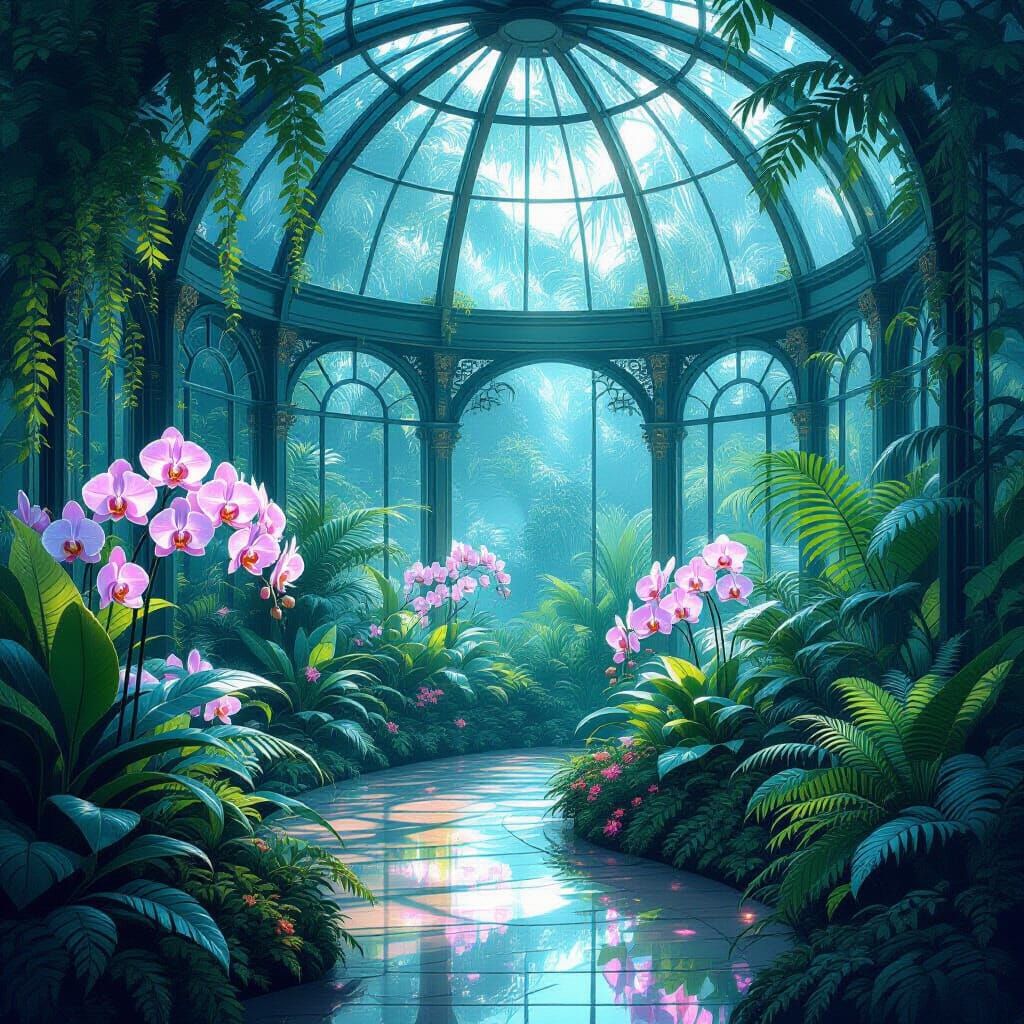 Bioluminescent Conservatory in Art Nouveau Style