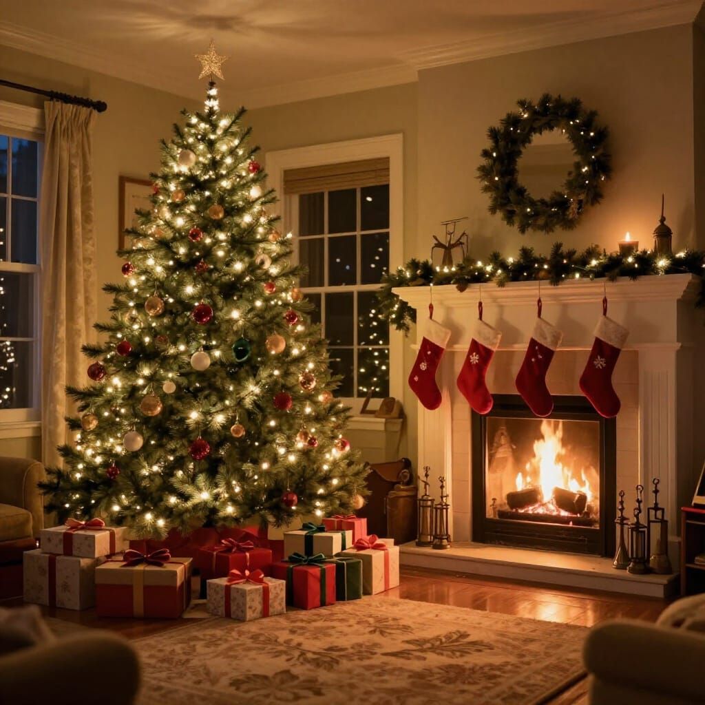 Cozy Christmas Living Room Scene by Fireplace