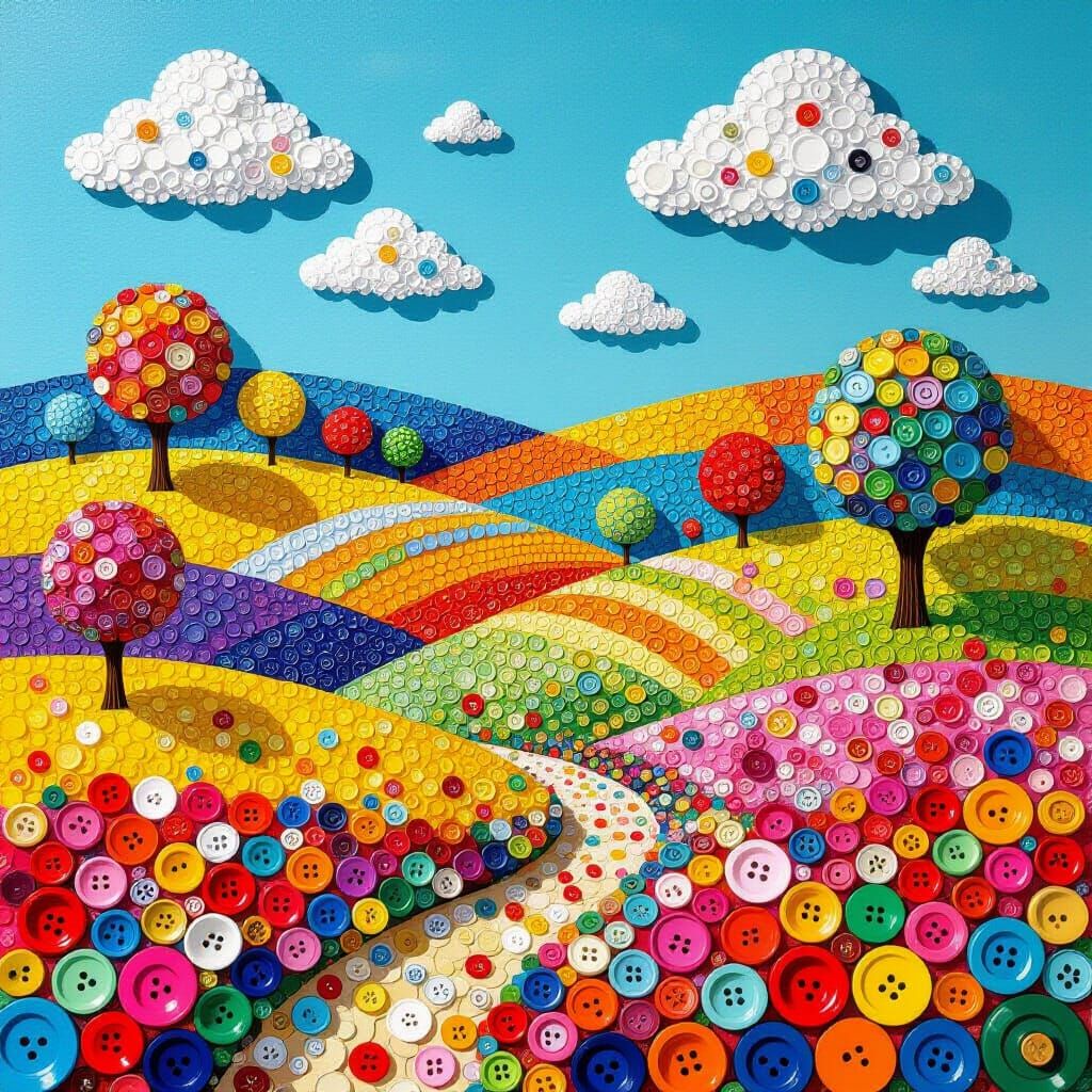 Whimsical Button Landscape in Naive Art Style