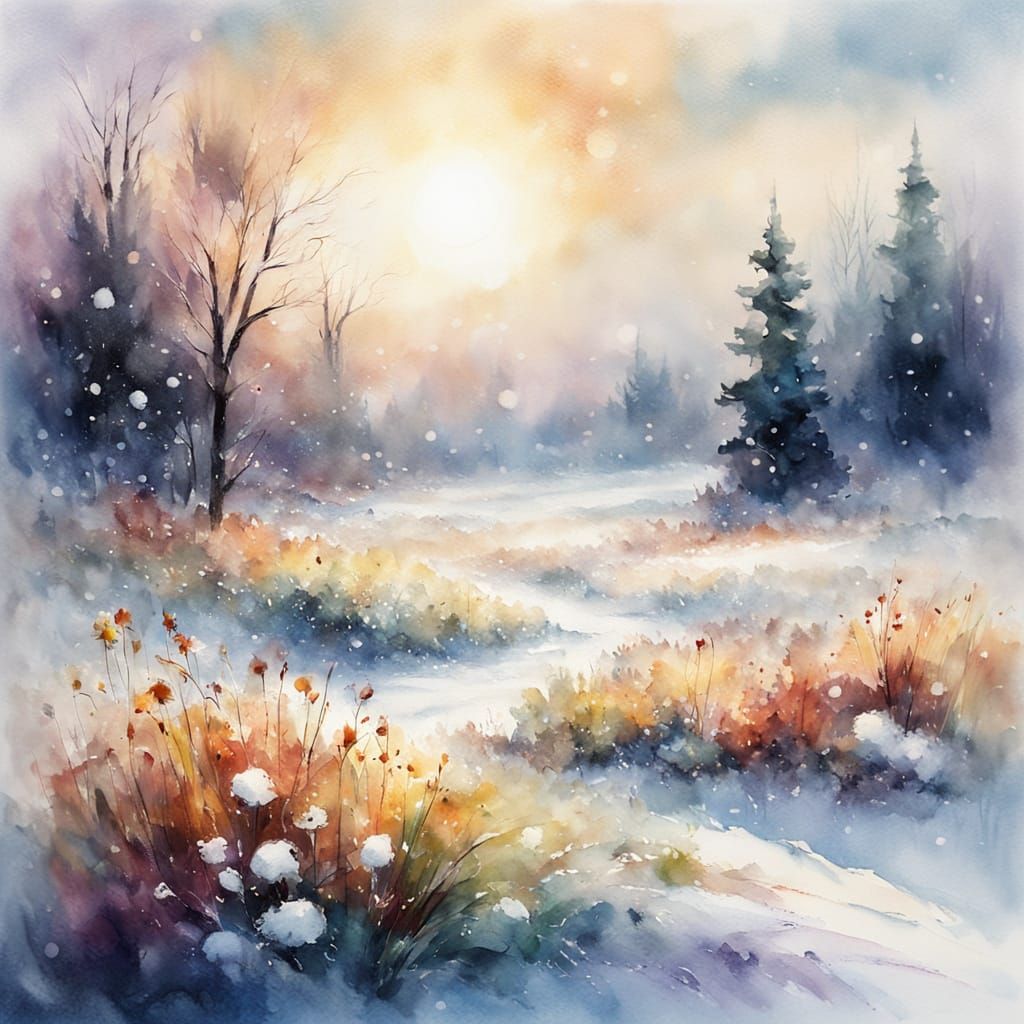 Impasto Watercolour Snowscape at Dawn