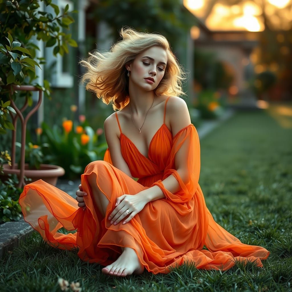 Elegant Woman in Orange Gown in Bohemian Garden
