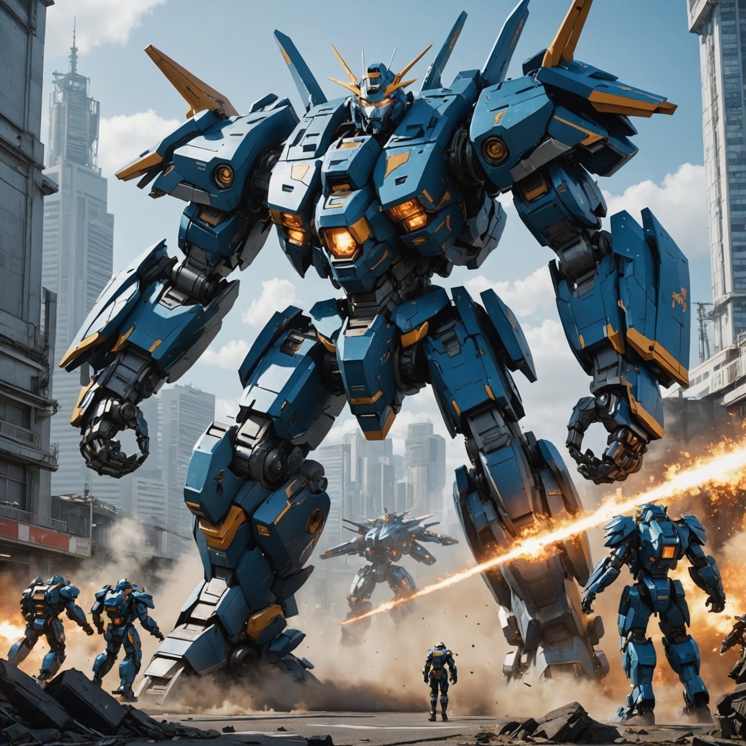 Giant Mecha Robots Fighting Kaiju Monsters in Anime Style