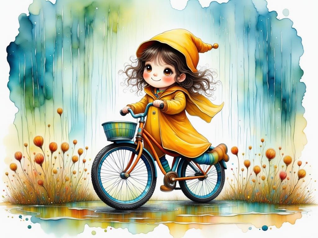 Whimsical Girl Rides Bicycle in Rainy Illustration