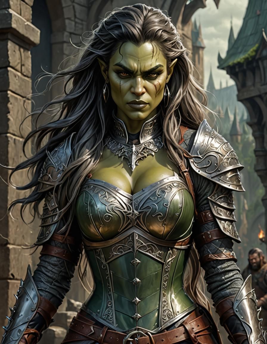 Beautiful Half-Orc Warrior Woman in Detailed Airbrush Style
