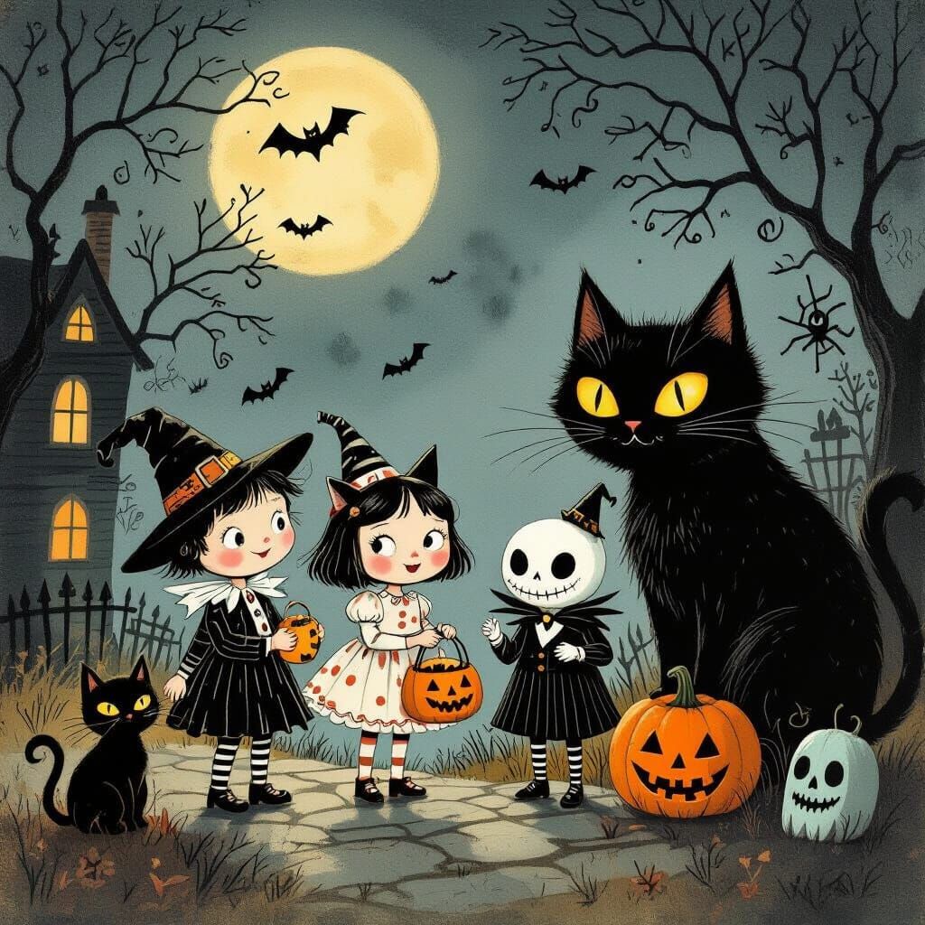 Whimsical Halloween Scene with Trick-or-Treaters and Monster...