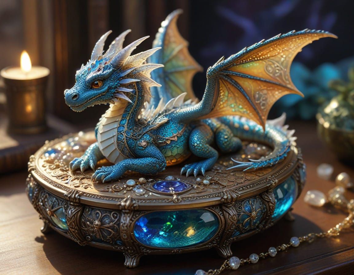 Surreal Whimsical Illustration of Dragon Surrounded by Glass...