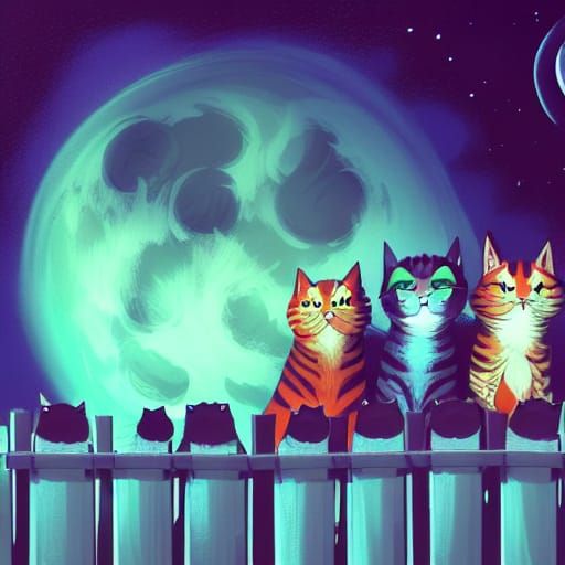 Cats on Fence with Nebula Sky, Comic Art