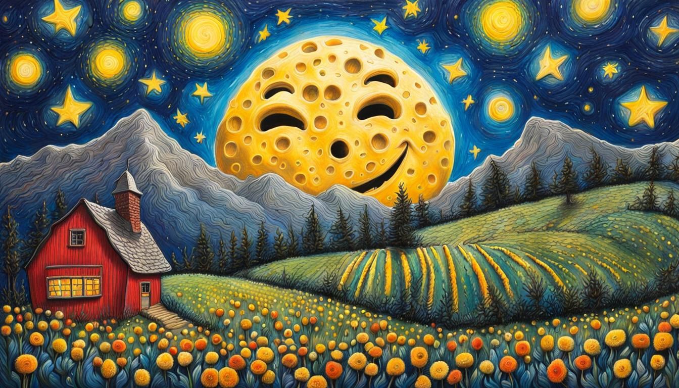 Hyperdetailed 3D oil pastel drawing by David Macaulay, Quentin Blake, and Shel Silverstein of one silly grinning moon ma...