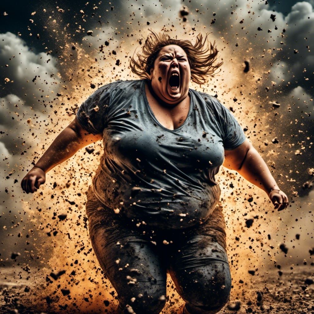 Action Close-up Photograph: "Charging Angry Obese Woman; high-speed action depiction ultra-wide-angle lens; dust debris;...