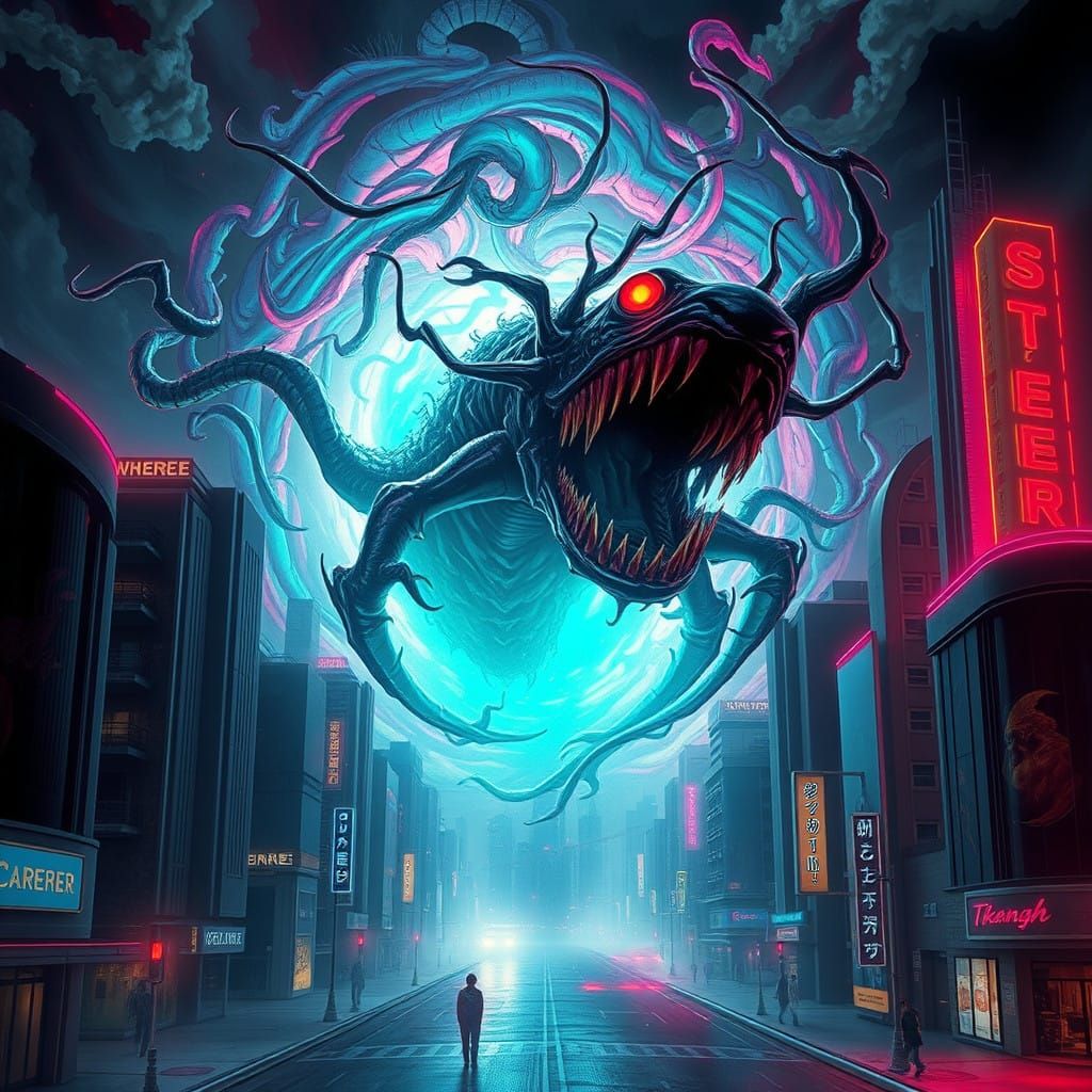 Cyberpunk Eldritch Horror in Dark Magic Neon