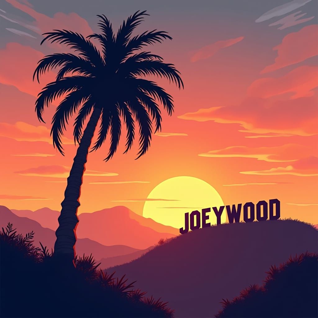 Palm Tree Sunset with JOEYWOOD Sign