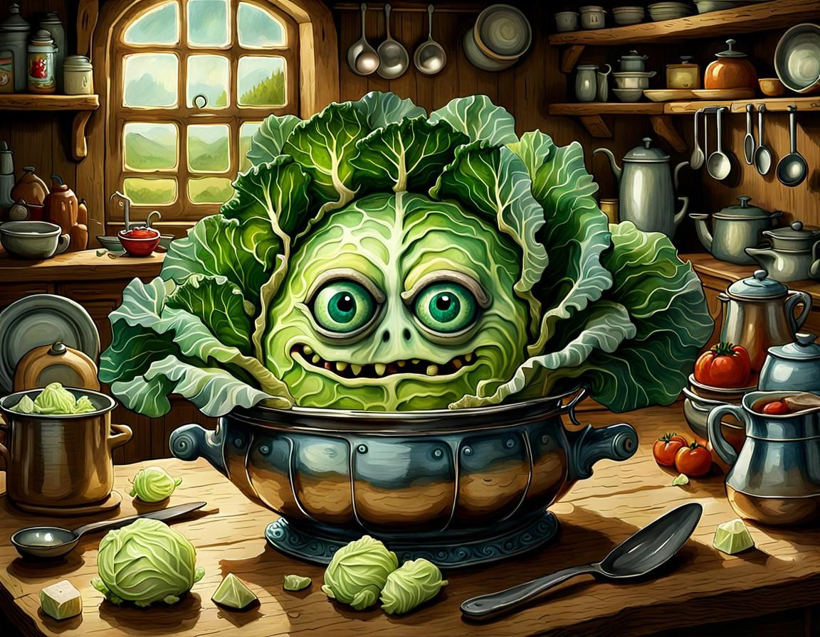 Whimsical Cabbage Monster in Cheese Soup by Giger