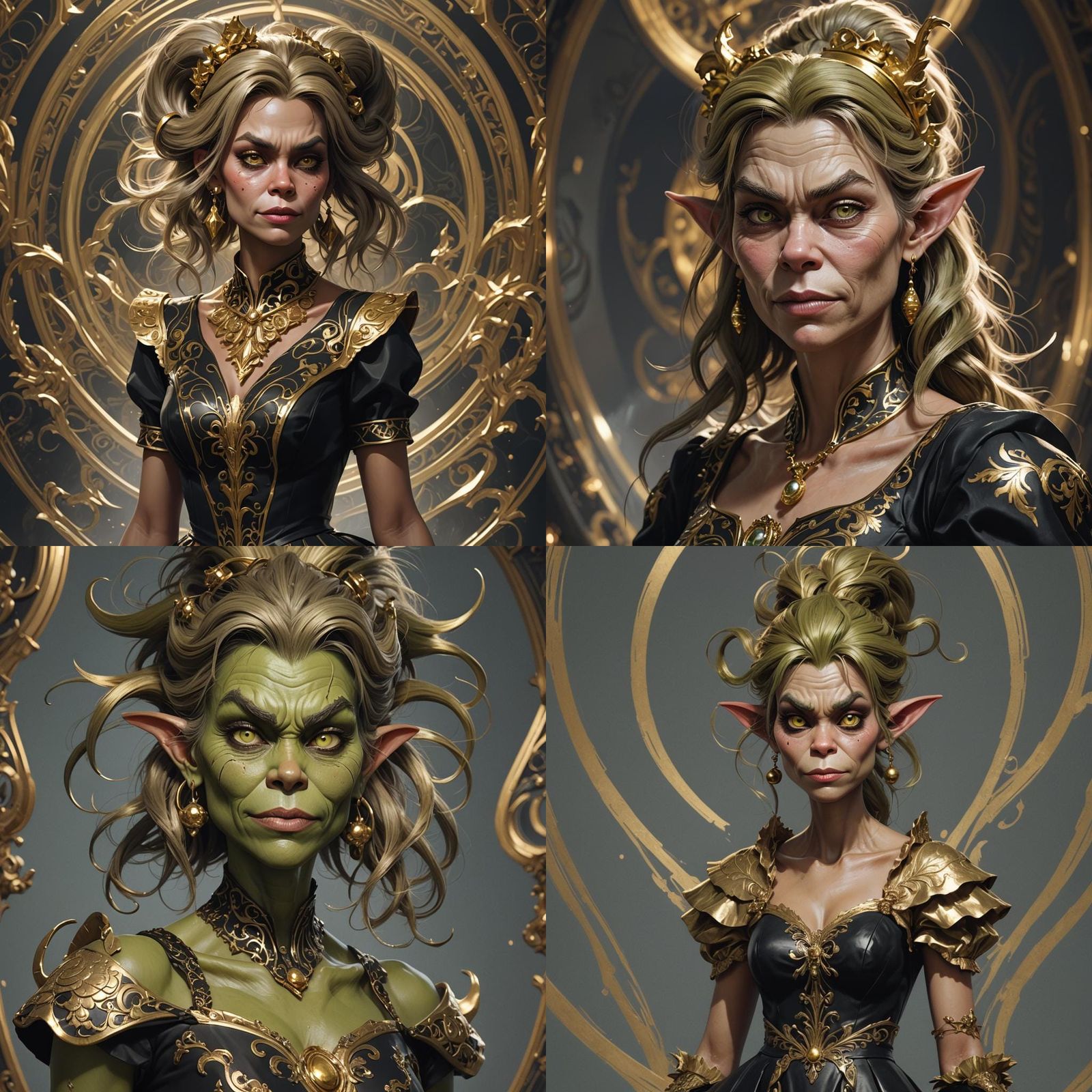 Grinch Figurine in Black and Gold Dress, Detailed Portrait