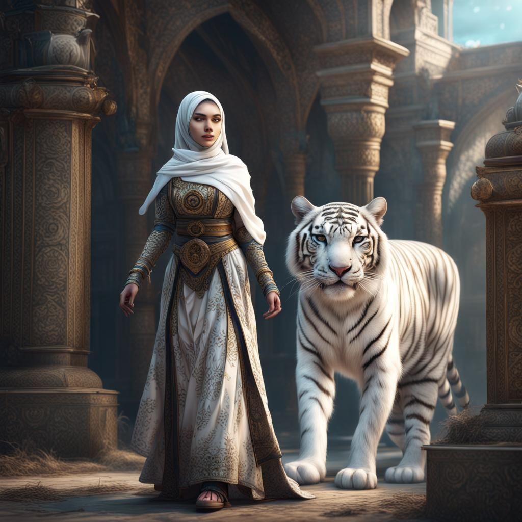 Chechen Girl with White Tiger: Fantasy Concept Art