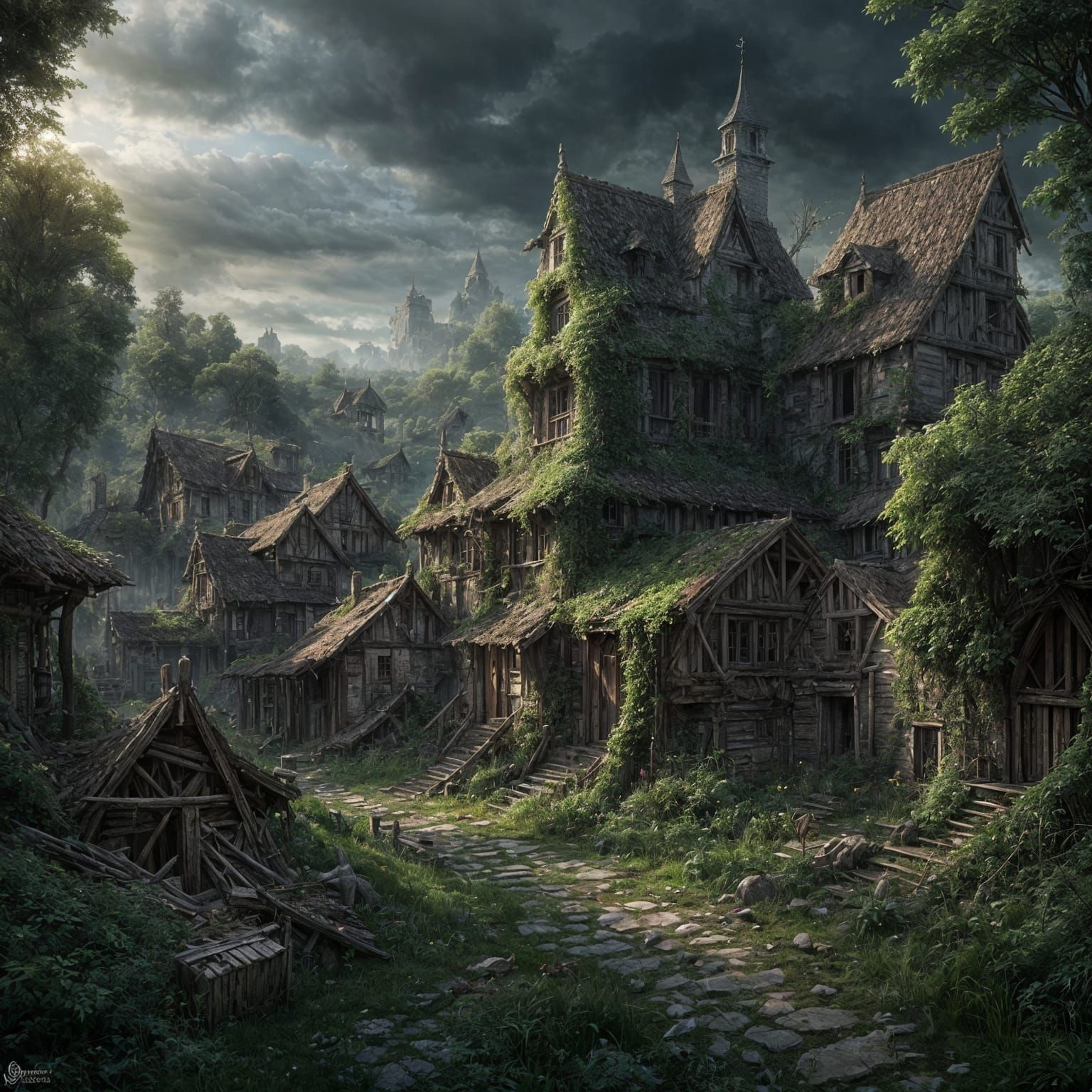 Overgrown Ruined Village in Dark Fantasy Style