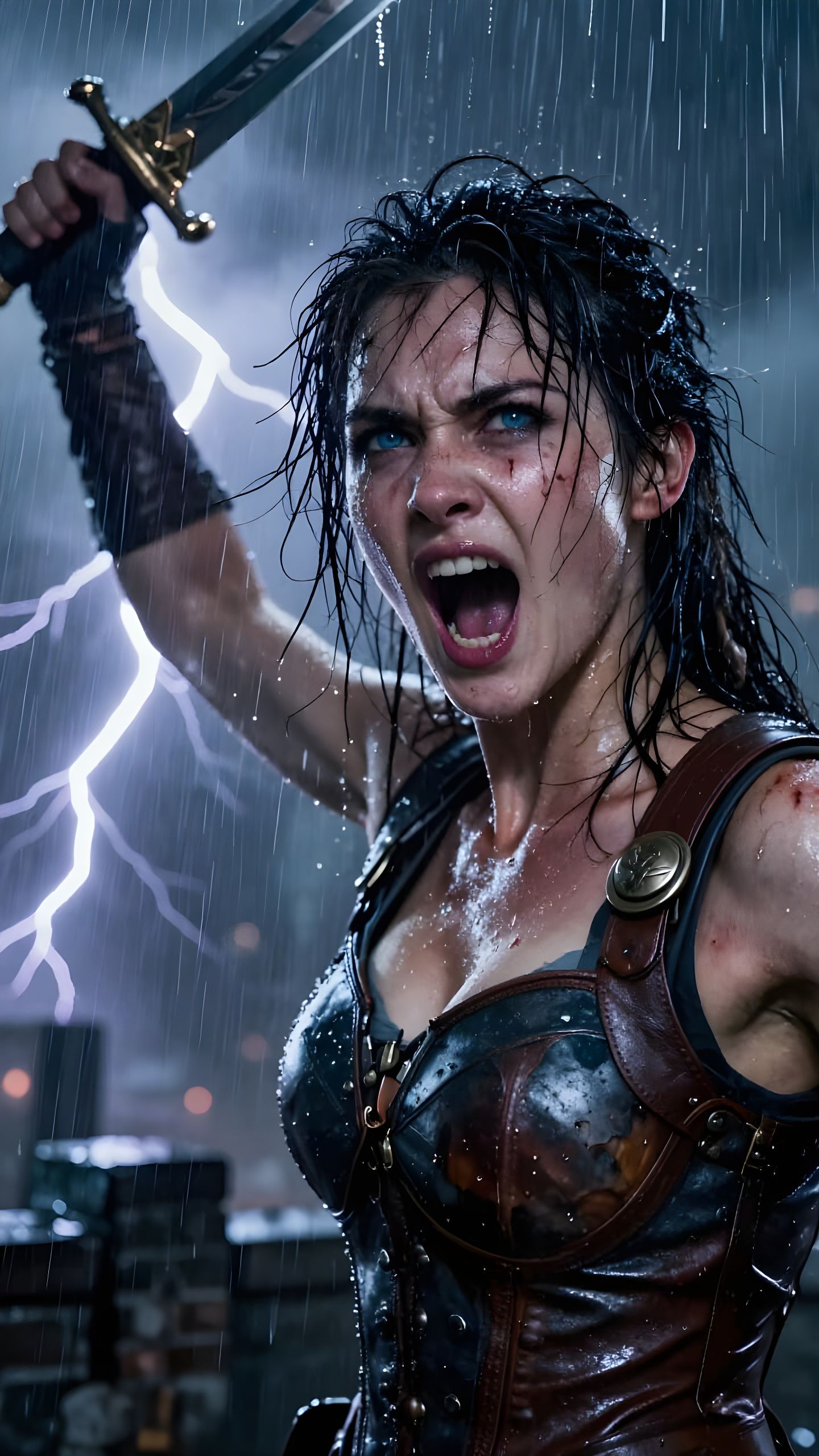 Fearless Rebel Captain Shouting Battle Cry on Stormy City Wa...