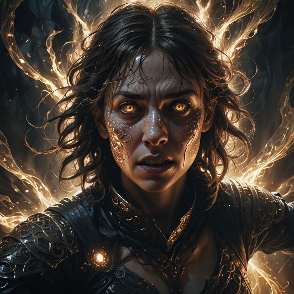 Terrified Person in Dimly Lit Mystical Realm